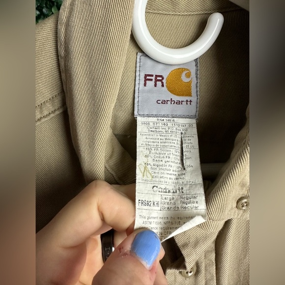 Carhartt Men's Flame Resistant Khaki Long Sleeve Button Up Shirt - Picture 7 of 8